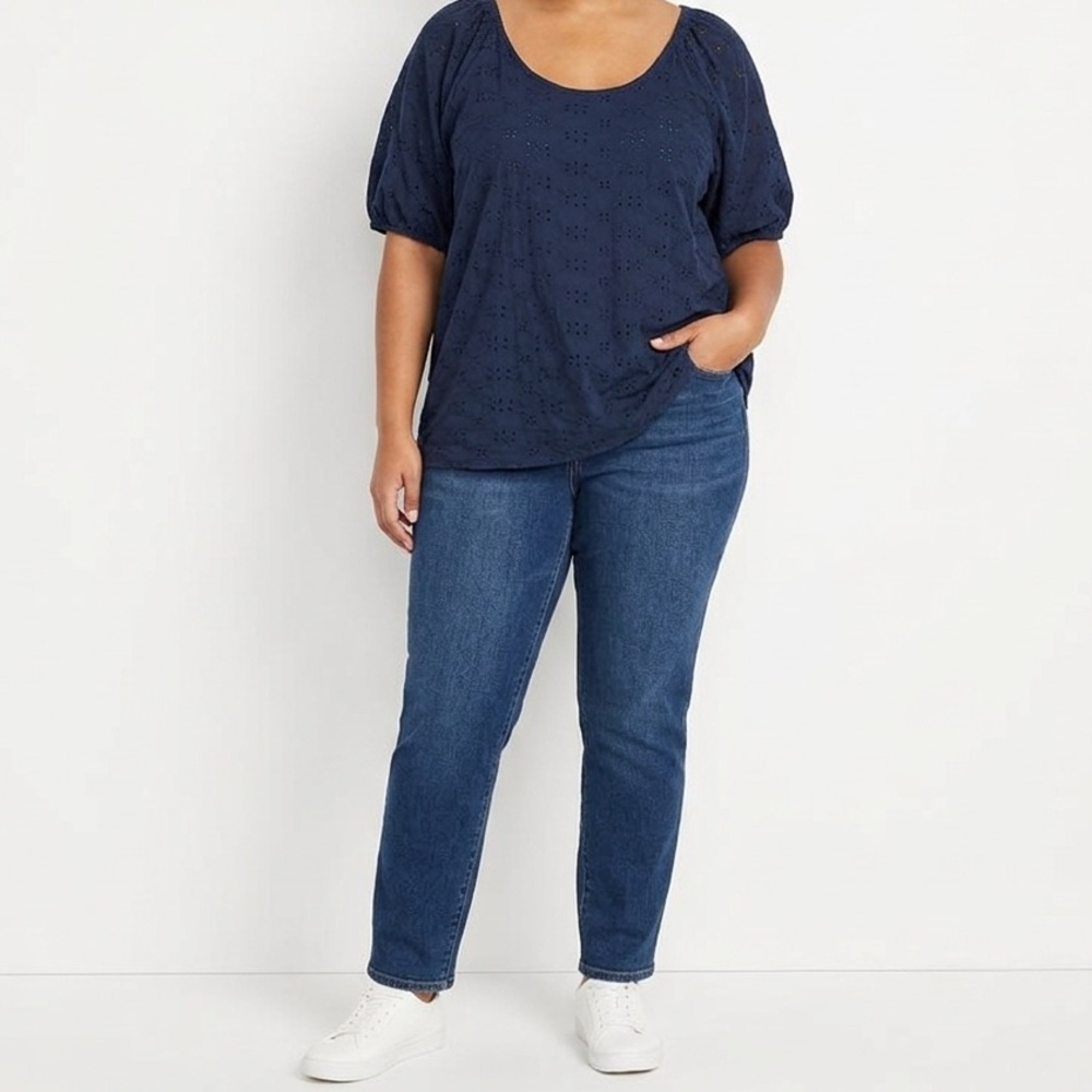 🔥$10 FINAL PRICE🔥 NWT Ava & Viv Navy Blue Eyelet Lace Blouse Short Puff Sleeve❤️